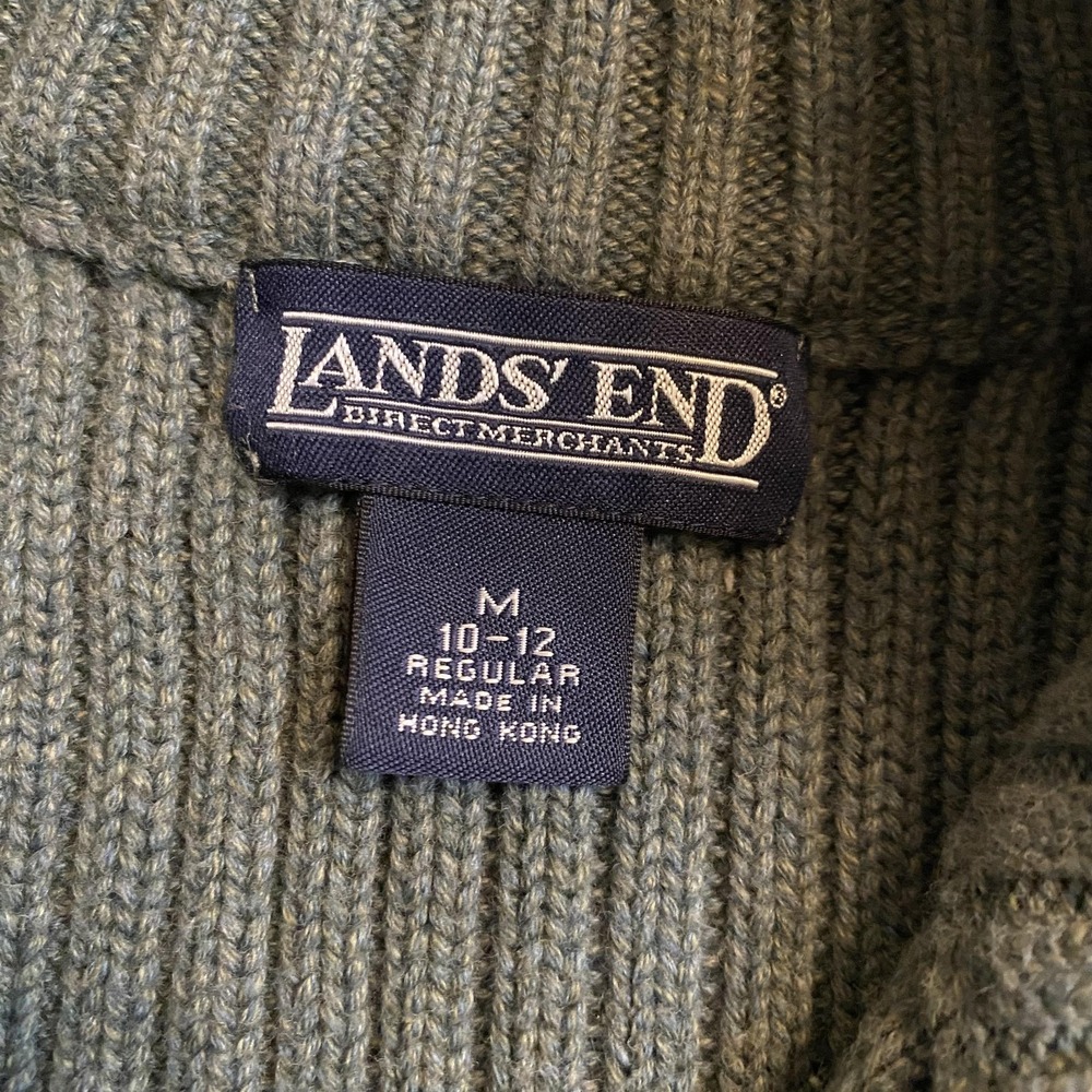 Lands End Sweater Youth Medium 10-12 Green Cotton Cable Knit Quarter Zip Mock - Picture 3 of 11